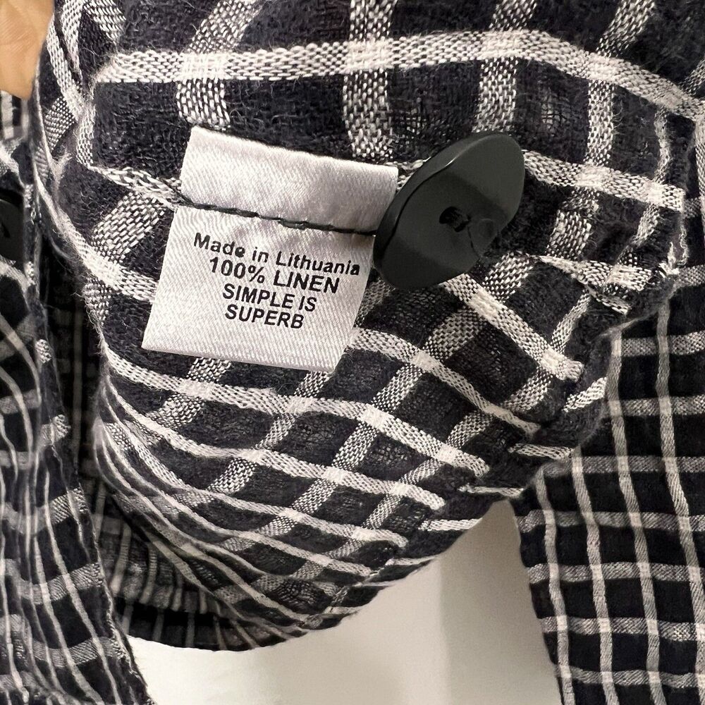 Flax Button Front Shirt Women’s M Linen‎ Plaid Black White Lagenlook - Picture 4 of 7